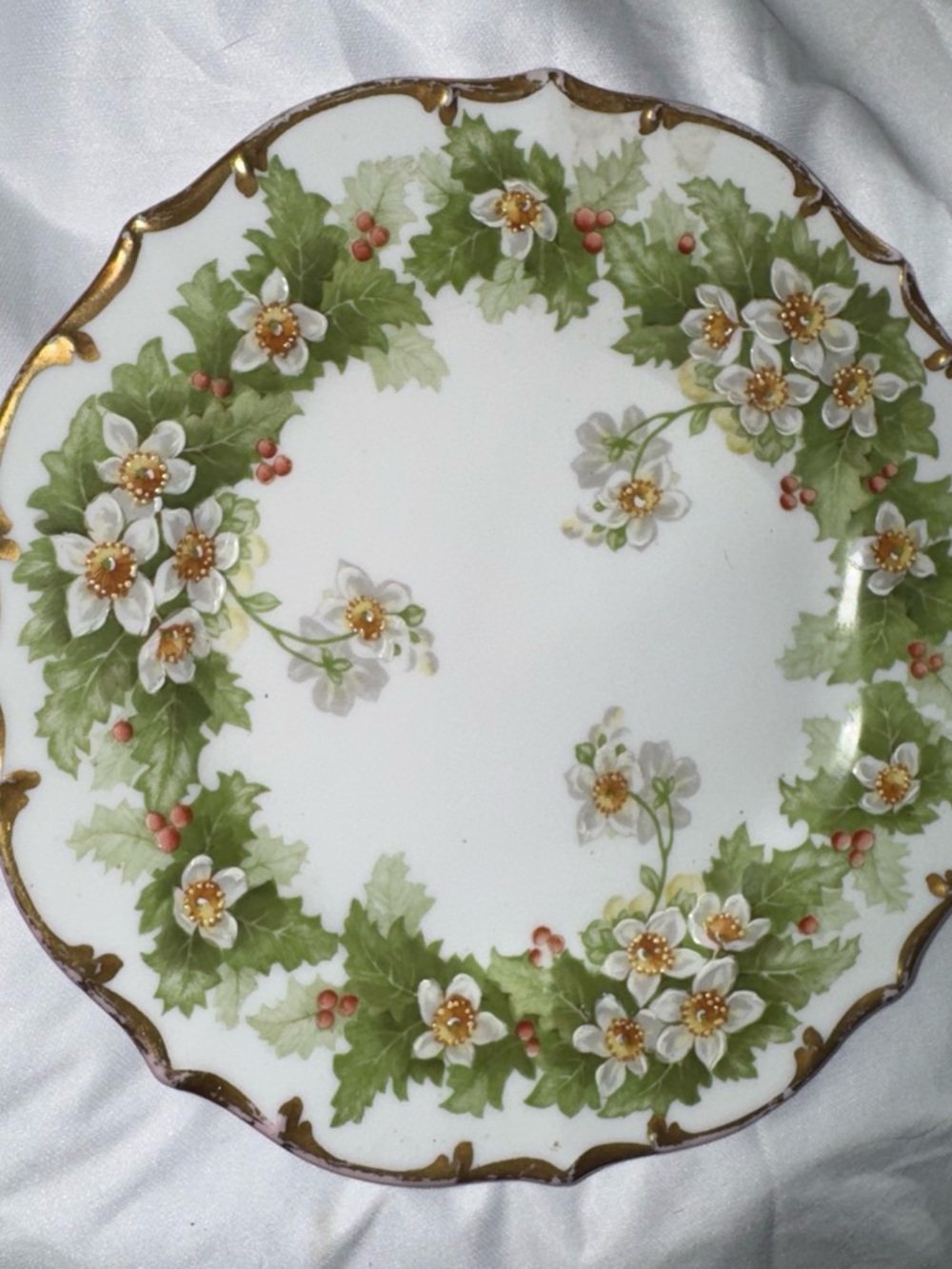 Antique White & Green Floral Porcelain Salad Plate with Gold Trim